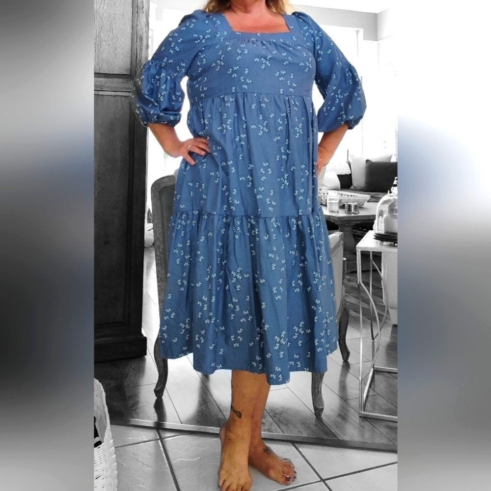 A.N.A Floral Midi Balloon Sleeve Dress Square Neck 3X Cottage Core